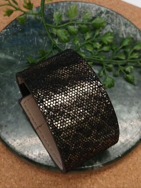 B975 Animal Print Black and Gold Textured Wide Cuff Bracelet